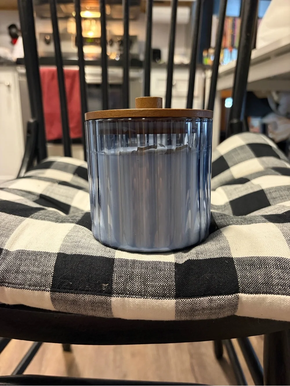 Hearth & Hand Canvas Blue Ribbed Glass Candle with Wooden Lid